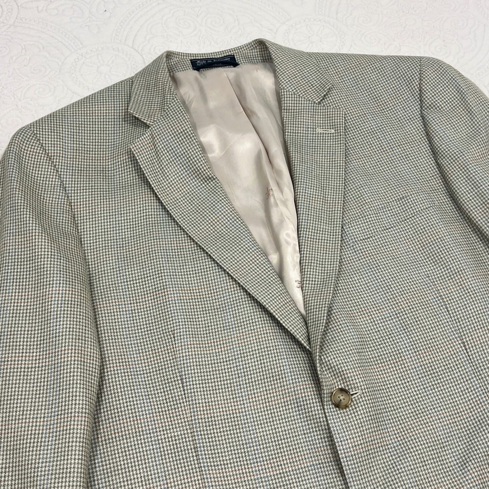 Haspel Mens Silk Wool Blazer Sport Coat 42R Tan Blue Micro Houndstooth 2 Button
